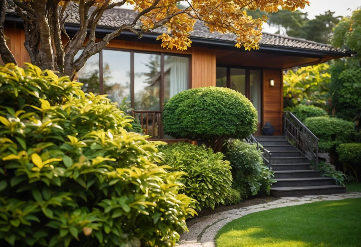 Close-up shot of a beautifully pruned ornamental tree with vibrant leaves, positioned beside the house. The texture of the leaves and the intricate pattern of the branches are in sharp focus, while the background, including the house's wooden facade and garden path, is softly blurred with a depth of field (dof) effect. The natural light enhances the rich colors and details of the foliage.
8k resolution, UHD, high-quality detail, depth of field (dof) effect, cinematic standards, modern architecture, natural materials, warm lighting, artistic composition, lush garden, golden hour light.