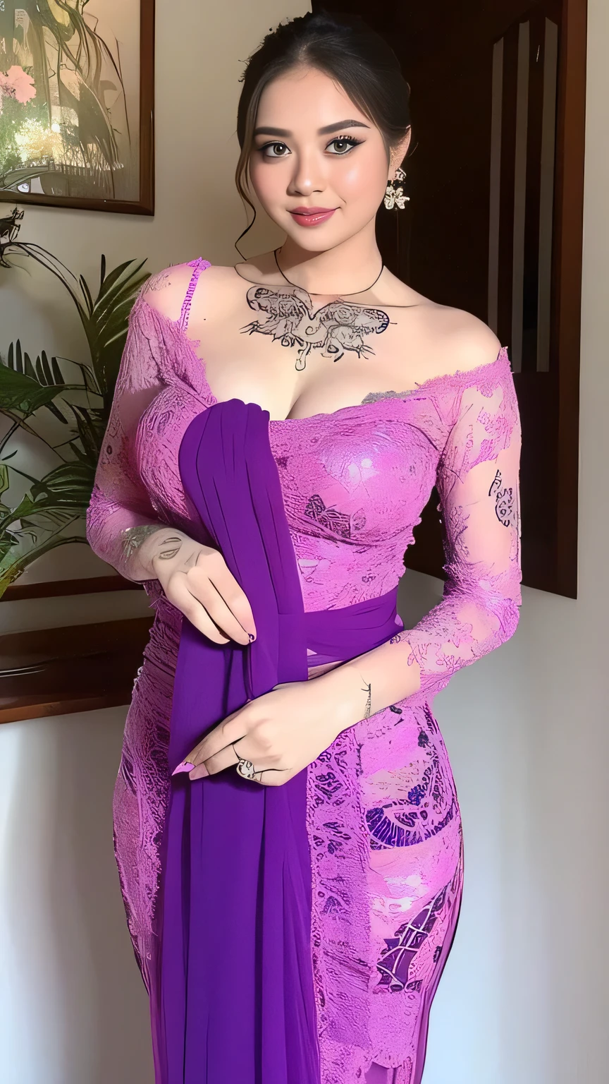 A beauty girl with tattoos on body, Wearing kebaya dress, beautiful art tattoo detailed, ((text tattoo on her body:LOVE)), detailed beautiful eyes, big , realistic 