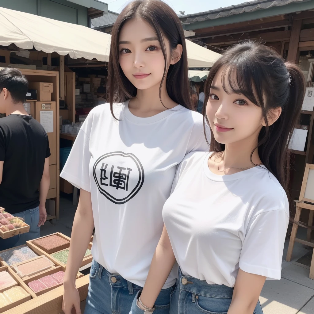 One lady、((best qualtiy、8k masterpieces:1.3))、foco nítido:1.2、(ultra beautiful faces:1.0)、(shinny skin:1.0)、photos realistic、A dark-haired、Video Lighting、High-definition eyes and face、Video Lighting、Japan actress with Korean-style makeup、from the front side、medium breasts、Smile、Slender Abs Beauty、Whole body、Wearing a T-shirt with the Japanese logo、At the market in the early morning、