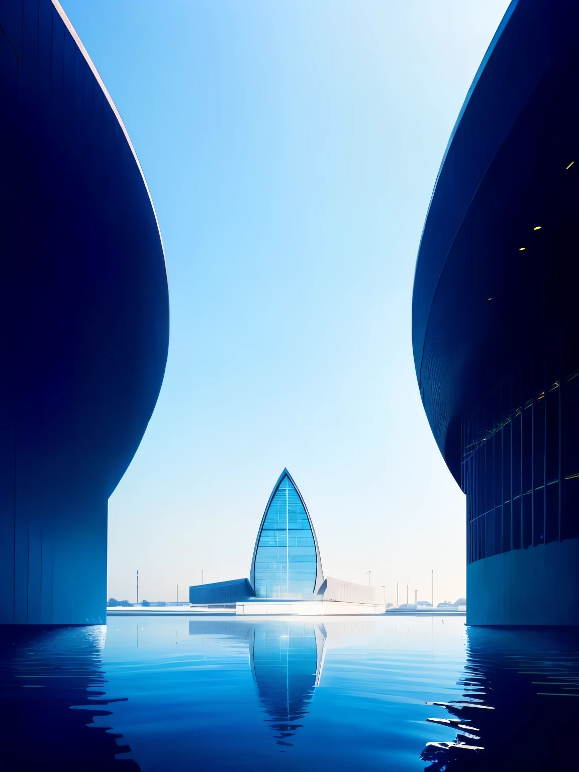 There are arc-shaped buildings on both sides,Light shines into the building,Reflected on the water,Dark blue building,high quality