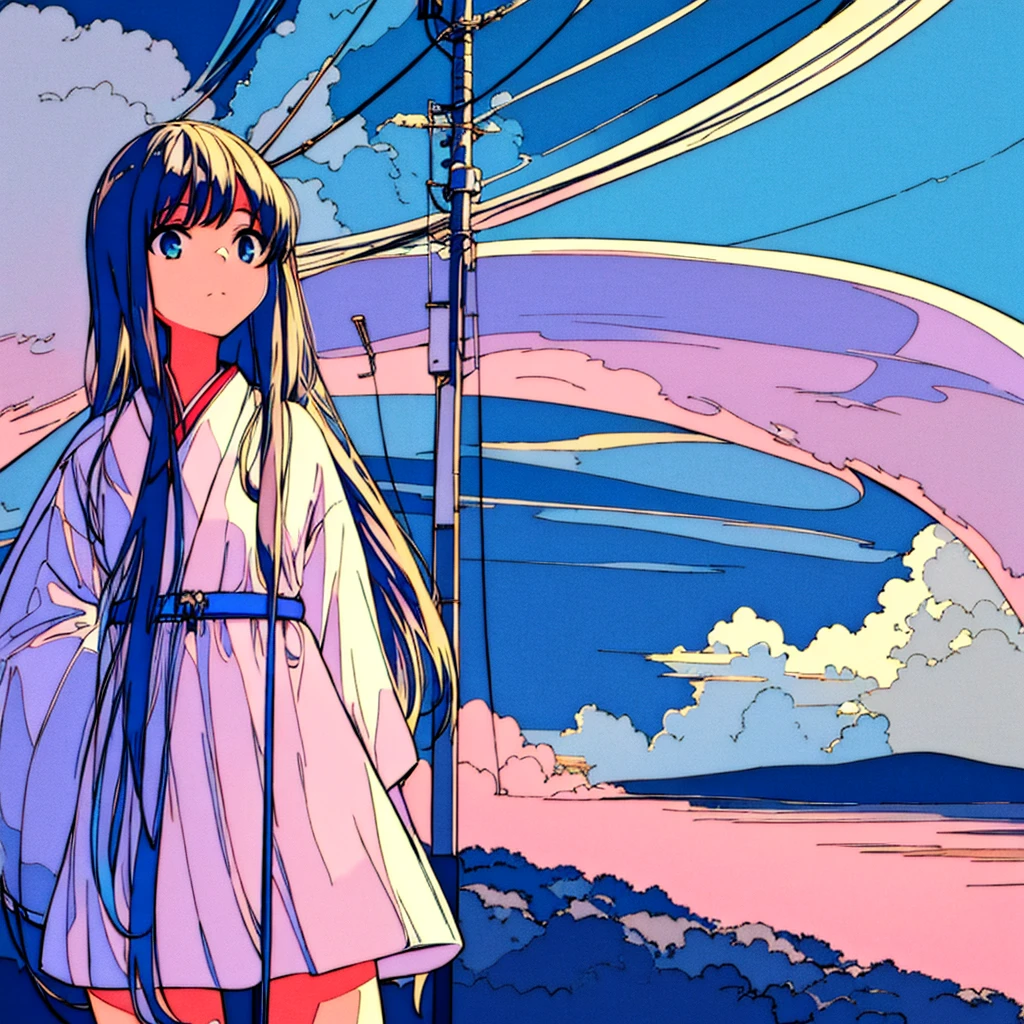 Close-up of a girl in a white dress, Japanese summer, nostalgic, blue sky, light touch, thin lines, clear, electric pole, cumulonimbus cloud