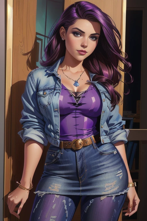 arafed woman in a purple top and blue jean jacket posing for a picture, kate bishop, fully clothed. painting of sexy, realistic artstyle, style of charlie bowater, in style of charlie bowater, photorealistic artstyle, zenescope, realistic digital illustration, james gurney painting style, realistic art style, detailed character portrait, 8k