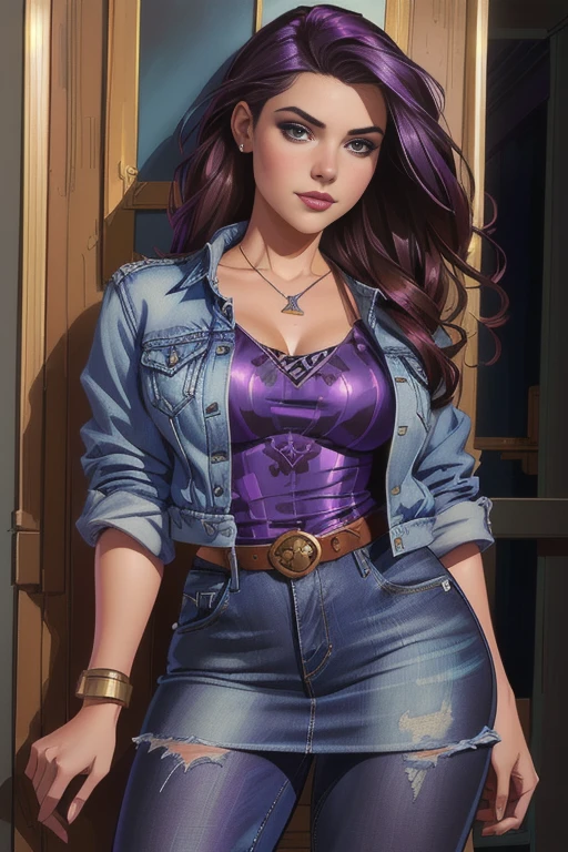 arafed woman in a purple top and blue jean jacket posing for a picture, kate bishop, fully clothed. painting of sexy, realistic artstyle, style of charlie bowater, in style of charlie bowater, photorealistic artstyle, zenescope, realistic digital illustration, james gurney painting style, realistic art style, detailed character portrait, 8k