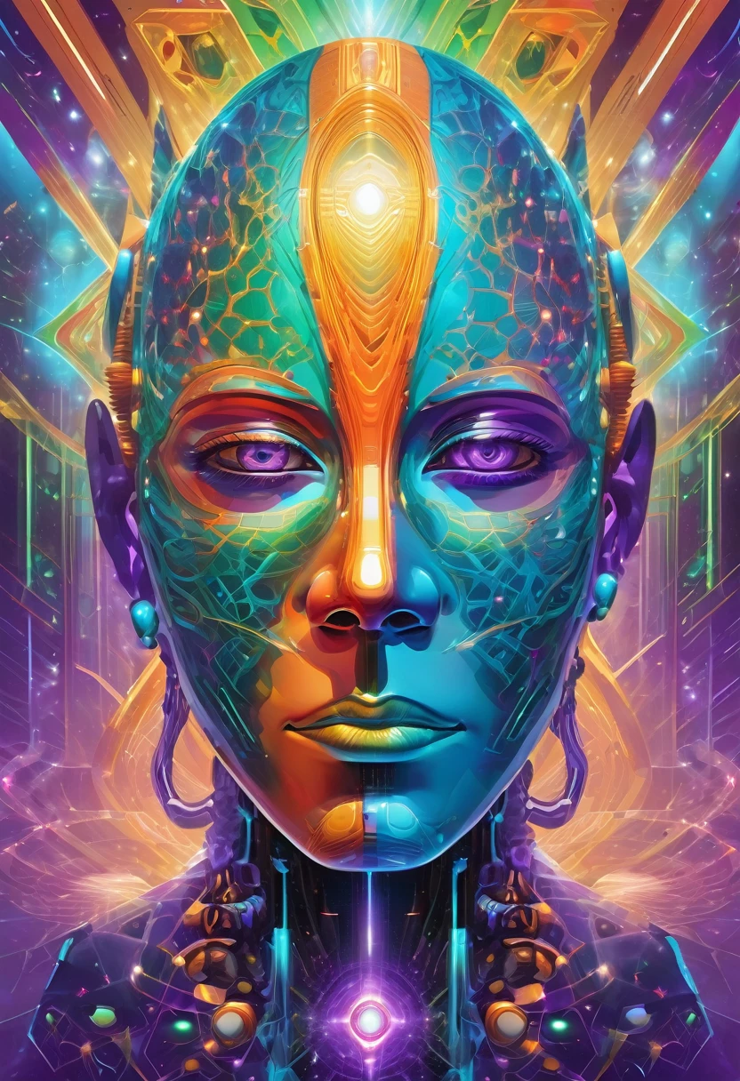 mystical humanoid face seen from the front, futuristic and geometric technology backdrop, spirit, dmr, md, mdma, intergalactic thc, other planets and mirror effects, colors, purple, green, blue and orange