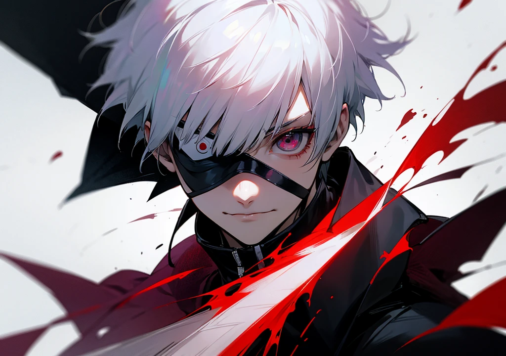 Estilo thumbnail, ken kaneki, with white hair, an eye patch, and with kagunes on display