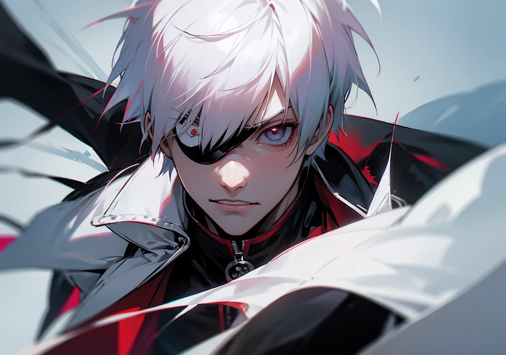 Estilo thumbnail, ken kaneki, with white hair, an eye patch, and with kagunes on display