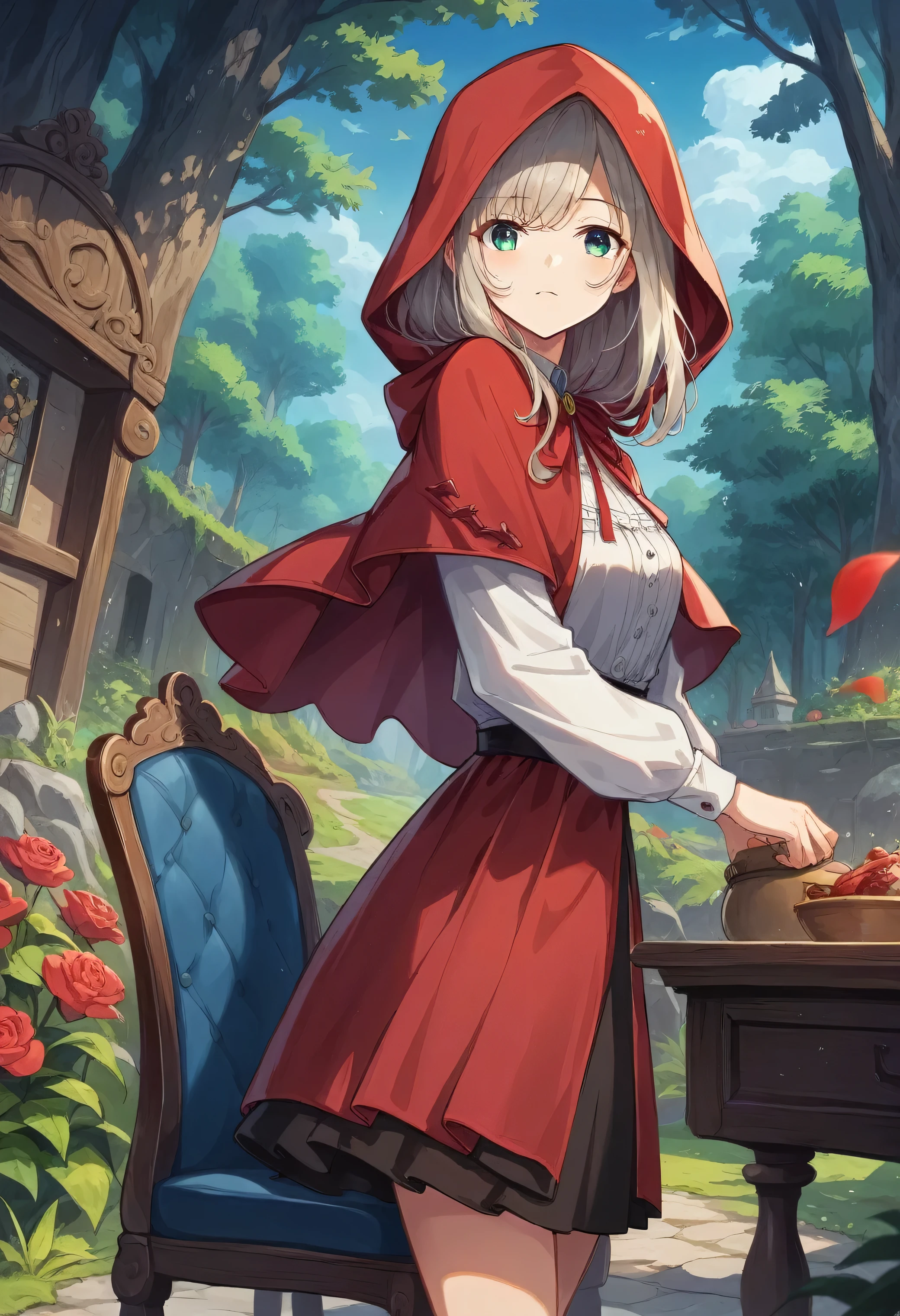 A woman in a red cloak stands near the table, Wearing a beautiful red cape, Little Red Riding Hood, Maid in the Enchanted Forest, Official Anime Artwork, guys, Epic light novel art cover, Light novel cover art, Popular on artstation pixiv, Artgerm 和 Atey Ghailan, little Little Red Riding Hood, official art