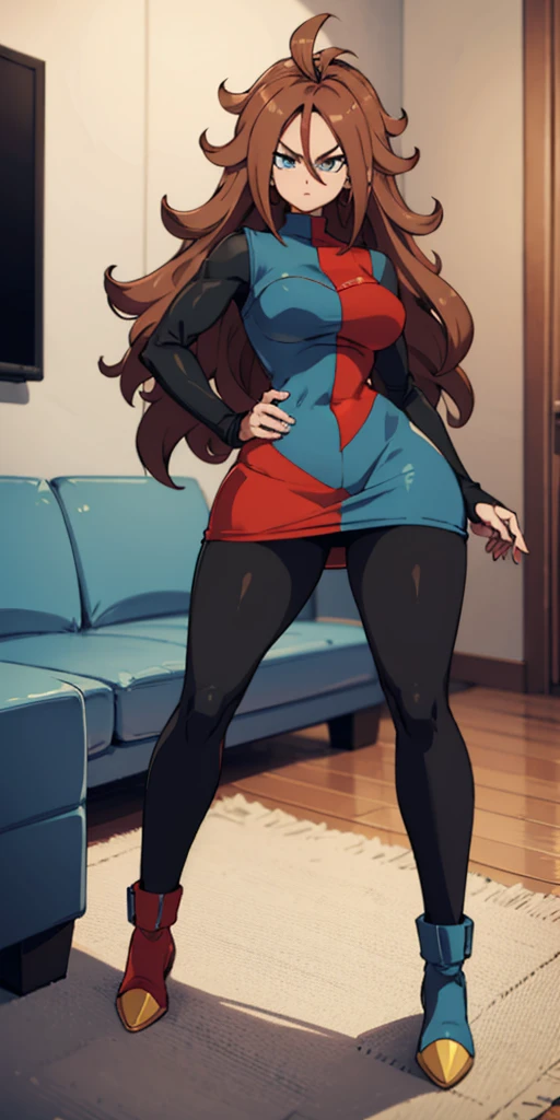 android 21, pose lateral, She is sideways to the spectator, sideways to camera, long brown hair, blue colored eyes, plaid dress, pantyhose, looking to the side, pose lateral, standing, ele está standing, serious, livingroom, light bulb, high qualiy, work of art, legs thick, big-ass, body healed,