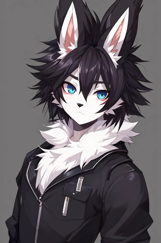 male, young adult, furry, anime, anthromorphic, bunny, emo, white fur, edgy, cute, beautiful, beautiful eyes, androgynous, cool big hair, bust portrait, stylized, y2k