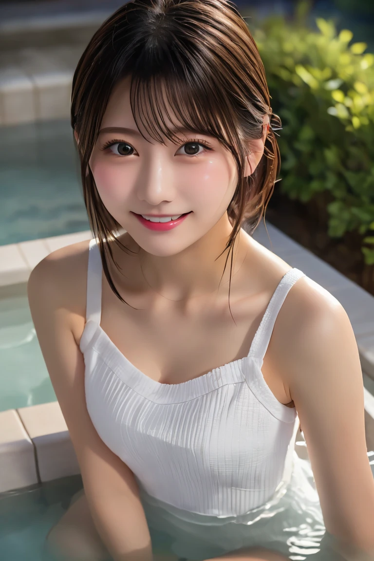 Highest quality, (beautiful)、Soak in the open-air bath、Cover yourself with a bath towel、Close-up、Soft 、night、smile、Bare shoulders、Outdoor、steam、Shoot from above、Cross your arms