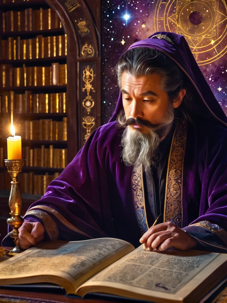 Mysterious astrologer in ancient library，Galaxy is projected on the wall，Astrological symbols softly glow，The astrologer wears a rich velvet robe with golden celestial patterns.，Handheld brass astrolabe，The candlelit environment casts a warm light on the ancient text，Excellent facial details，With a wise expression，Beautiful eye details，Strong nose line，Mysterious atmosphere照明，Vintage Astrology Tools，Mysterious atmosphere，charming的古老图书馆，Books and scrolls that bear the marks of time，Scattered star map，Gorgeous dark purple curtains，Complex hairstyle，Detailed beard and mustache，Ambient Occlusion，Old wooden furniture，(Oil painting style，charming，Vivid colors), (Best quality，8K，high resolution，masterpiece)，Ultra-detailed
