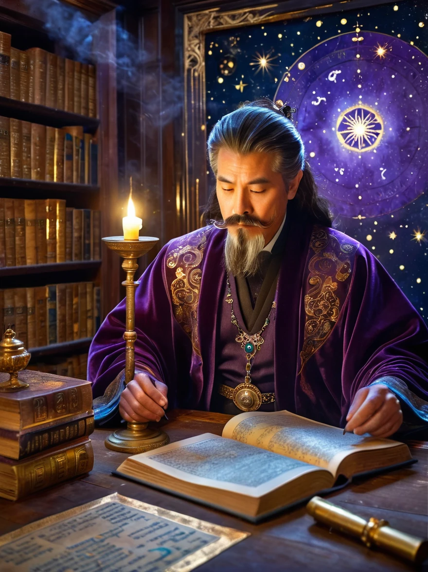 Mysterious astrologer in ancient library，Galaxy is projected on the wall，Astrological symbols softly glow，The astrologer wears a rich velvet robe with golden celestial patterns.，Handheld brass astrolabe，The candlelit environment casts a warm light on the ancient text，Excellent facial details，With a wise expression，Beautiful eye details，Strong nose line，Mysterious atmosphere照明，Vintage Astrology Tools，Mysterious atmosphere，charming的古老图书馆，Books and scrolls that bear the marks of time，Scattered star map，Gorgeous dark purple curtains，Complex hairstyle，Detailed beard and mustache，Ambient Occlusion，Old wooden furniture，(Oil painting style，charming，Vivid colors), (Best quality，8K，high resolution，masterpiece)，Ultra-detailed