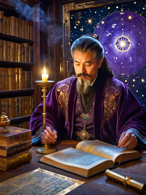 mysterious astrologer in ancient library，galaxy is projected on the wall，astrological symbols softly glow，the astrologer wears a...