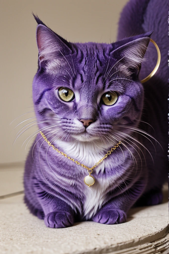 Purple cat wearing a moon necklace