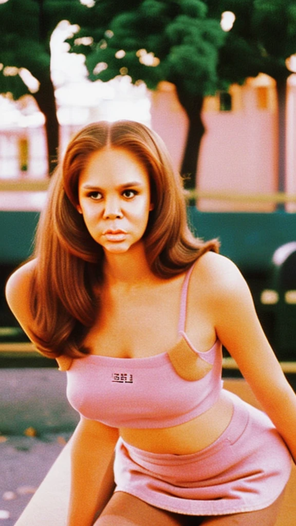 Beautiful woman,golden brown hair,Light pink miniskirt,Fitted low-cut top,School room in the background, ((mean girls:1.5))