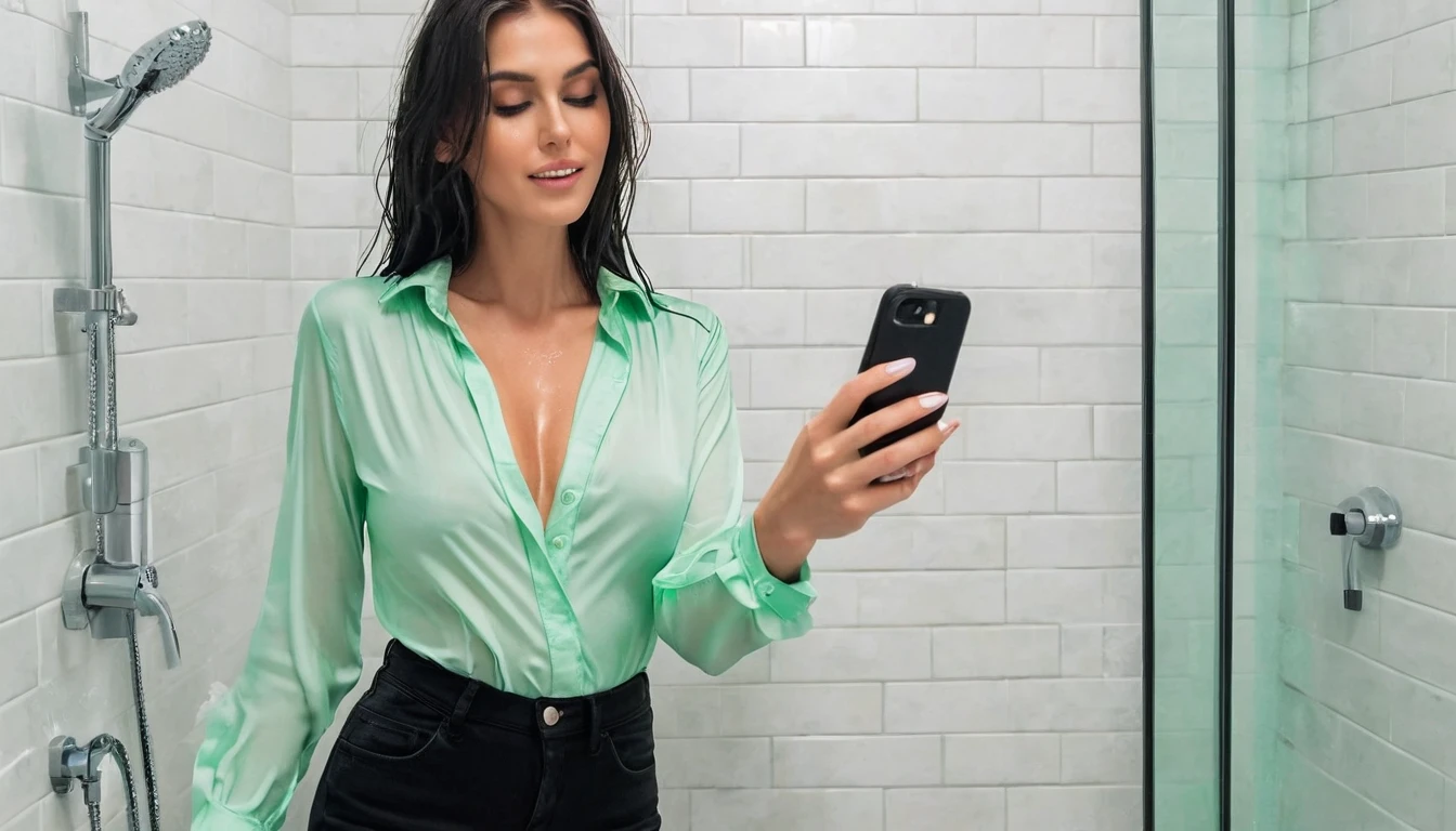 ((Woman taking a shower wearing a very tight mint green low cut work blouse, black skinny jeans and white high heels.)), (((Takes a selfie with your phone))), (((wet hair))), dripping wet, Wet clothes, ((I'm standing in the shower)), (((show shoes))), inviting smile, water flows through clothes, ((NFV)), nipples visible through wet blouse, showing cleavage, ((short curly red hair)), Blue eyes
