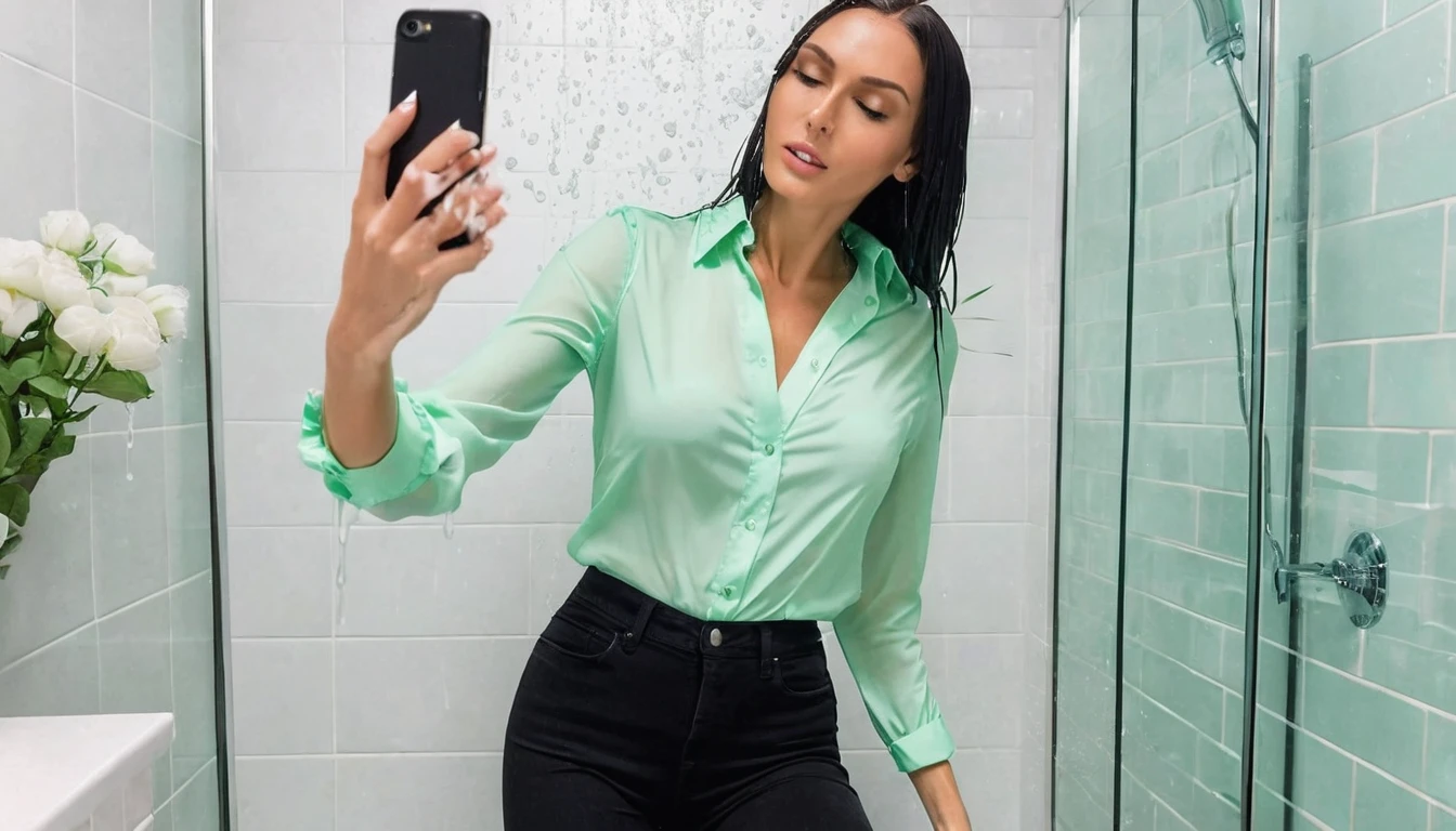 ((Woman taking a shower wearing a very tight mint green low cut work blouse, black skinny jeans and white high heels.)), (((Takes a selfie with your phone))), (((wet hair))), dripping wet, Wet clothes, ((I'm standing in the shower)), (((show shoes))), inviting smile, water flows through clothes, ((NFV)), nipples visible through wet blouse, showing cleavage, ((short curly red hair)), Blue eyes