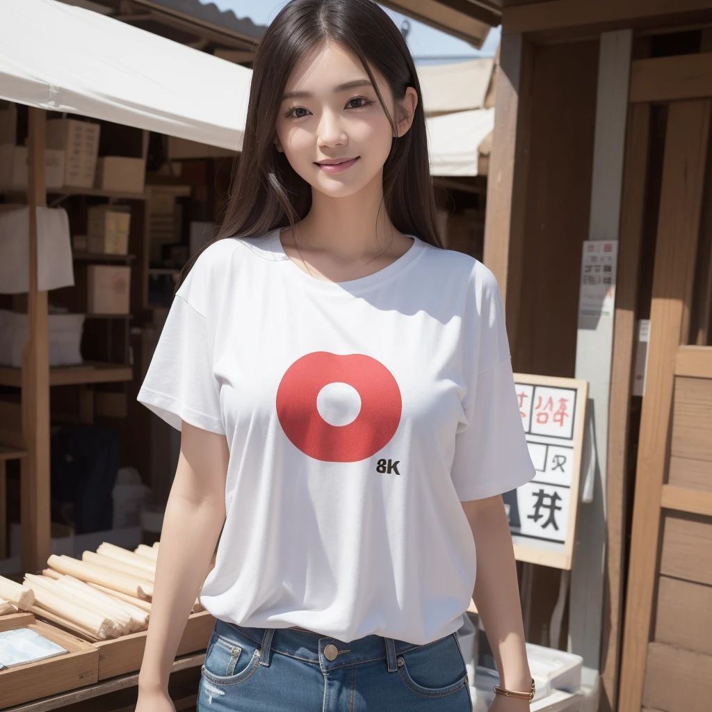 One lady、((best qualtiy、8k masterpieces:1.3))、foco nítido:1.2、(ultra beautiful faces:1.0)、(shinny skin:1.0)、photos realistic、A dark-haired、Video Lighting、High-definition eyes and face、Video Lighting、Japan actress with Korean-style makeup、from the front side、medium breasts、Smile、Slender Abs Beauty、Whole body、Wearing a T-shirt with the Japanese logo、At the market in the early morning、