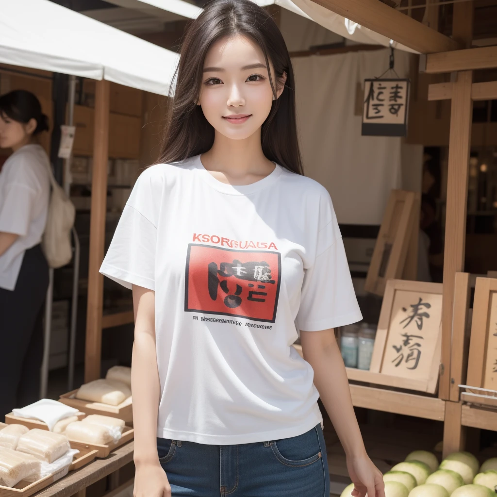 One lady、((best qualtiy、8k masterpieces:1.3))、foco nítido:1.2、(ultra beautiful faces:1.0)、(shinny skin:1.0)、photos realistic、A dark-haired、Video Lighting、High-definition eyes and face、Video Lighting、Japan actress with Korean-style makeup、from the front side、medium breasts、Smile、Slender Abs Beauty、Whole body、Wearing a T-shirt with the Japanese logo、At the market in the early morning、
