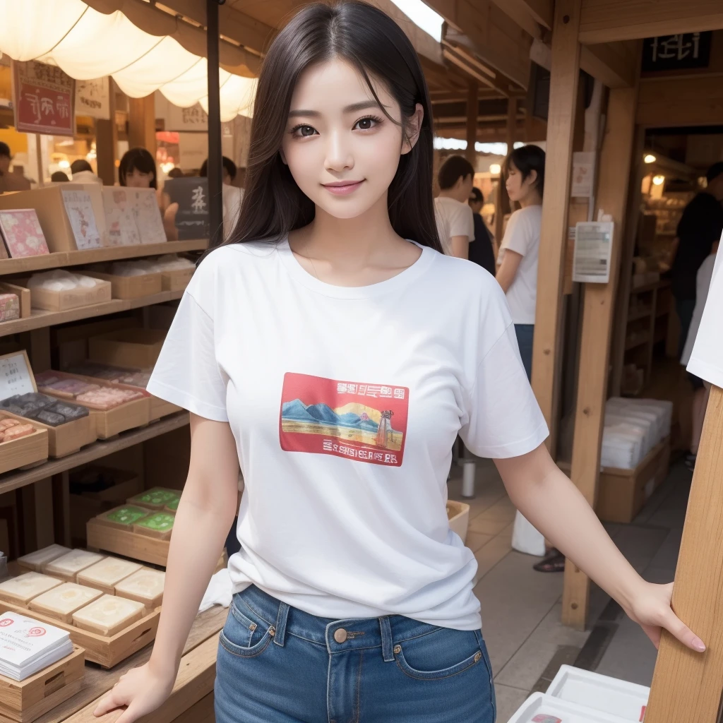 One lady、((best qualtiy、8k masterpieces:1.3))、foco nítido:1.2、(ultra beautiful faces:1.0)、(shinny skin:1.0)、photos realistic、A dark-haired、Video Lighting、High-definition eyes and face、Video Lighting、Japan actress with Korean-style makeup、from the front side、medium breasts、Smile、Slender Abs Beauty、Whole body、Wearing a T-shirt with the Japanese logo、At the market in the early morning、