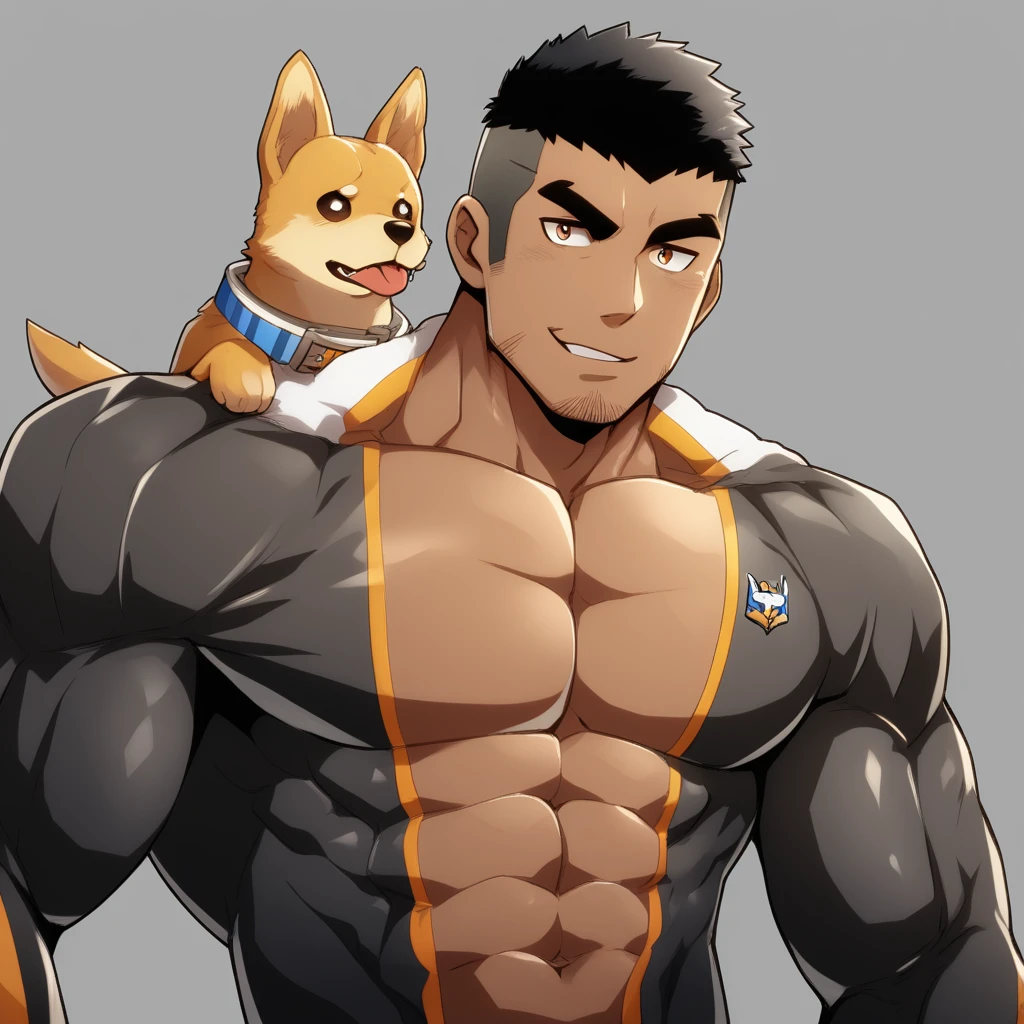 anime characters：Gyee, Muscle Sports Student, negro black skin, 1 dark skin muscular tough guy, Manliness, male focus, Brown long-sleeved high-necked tight diving suit, Very tight, Round, full and perky chest muscles, Perfect abdominal muscles, Male dog waist, Slightly transparent, muscular male, muscular, only, Upper body, alone, Black short hair, Thick eyebrows, stubble, Brown eyes, Grey background, simple background, amazing quality, best aesthetics, Ridiculous, bright pupils, crew cut, parted lips, seductive smile, torogao, naughty face, best quality