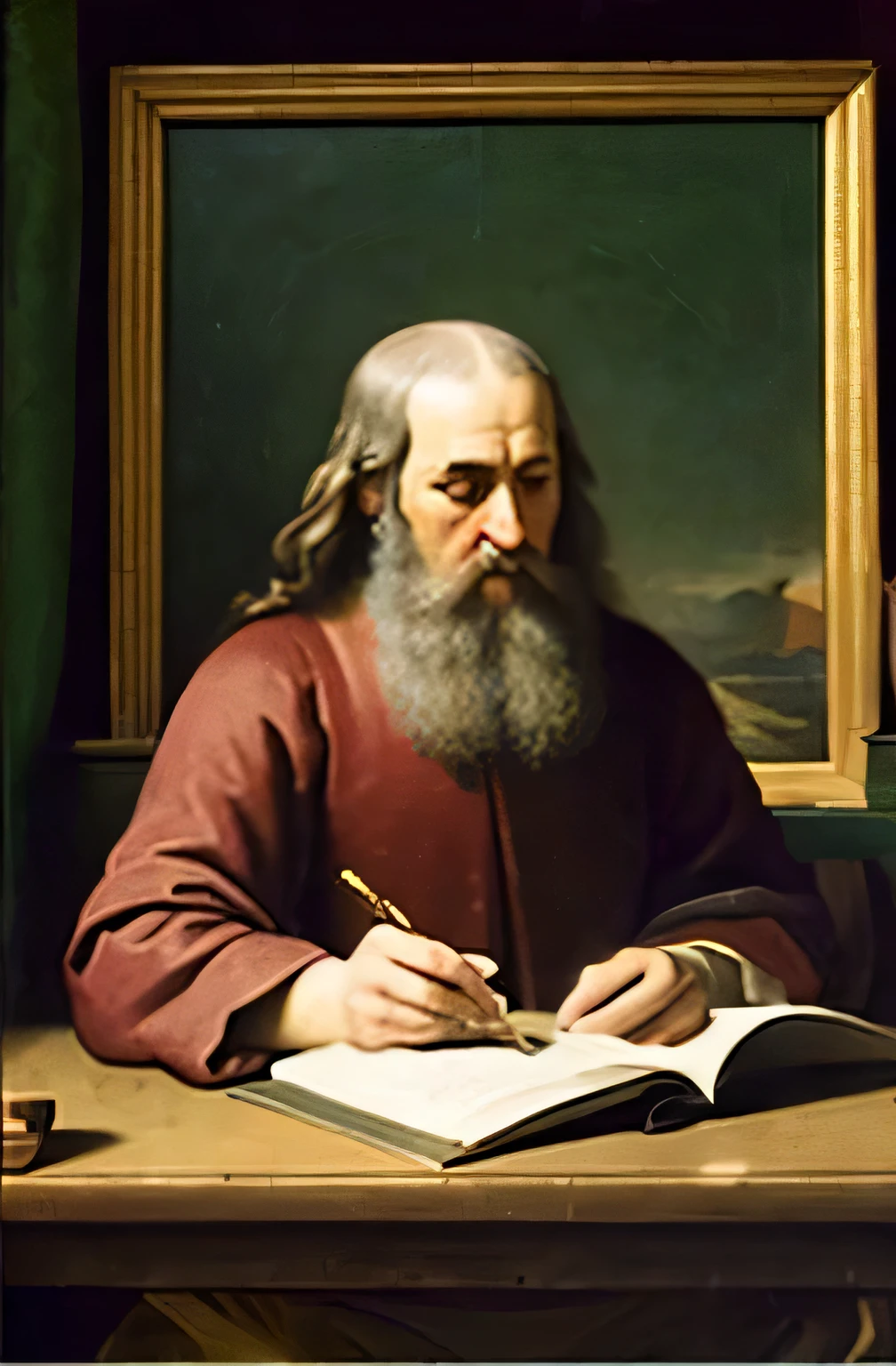 Produce a painting of the philosopher in the study in the Titian style.