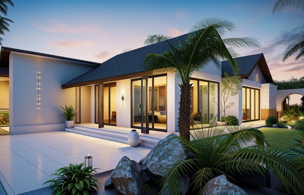 Ultra-realistic 8k, hd image quality, sharp detail, 2-story modern house, main materials: white walls, wooden ceiling accents, large glass windows, roads, cars, sidewalks, American Palm trees high, has a small alley, located in a residential area, modern style, shimmering sky, sunset light, feels peaceful, beautiful, close and warm, ((Warm light from indoor:1.3)), (daylight:1.2), perfect lighting,dynamic light,2 large glass doors,((1 large glass window:1.3)), (night light), (colorful flowers in front of the house)