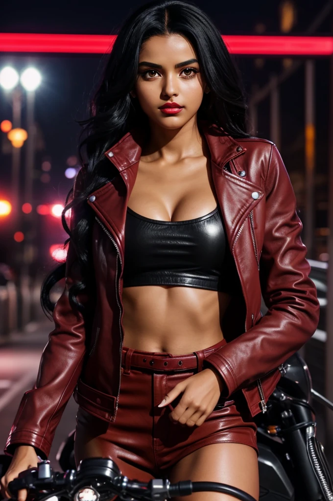 Styled Boku no hero academia A girl with long curly black hair and slanted purple eyes tanned brown skin and red lips dressed in a red leather jacket Driving a motorcycle in the dark city 

(detailed)(beautiful eyes)