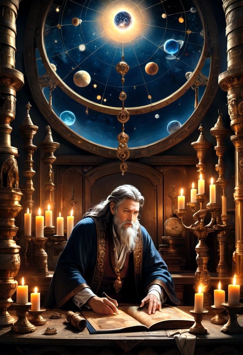 1boy, Astrologer, MAGIC: Ancient WIZARD reading a Map of the Constellations, telescope, candles, on a table, Epic cinematic brilliant stunning intricate meticulously detailed dramatic atmospheric maximalist digital matte painting, masterpiece, best quality, very aesthetic, absurdres