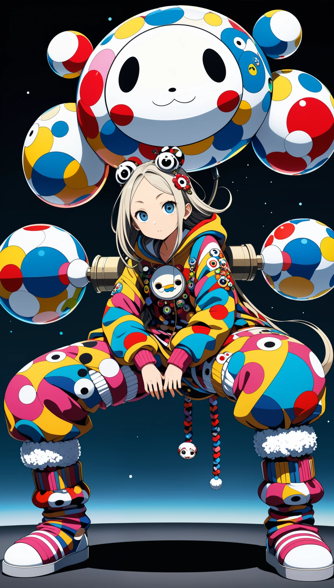 in style of Takashi Murakami, character concept design, legs,fullbdoy shot,(((oversize leg warmers))),wide angle, form below,oversize clothes,leaning forward,pointing at viewer,sit on the edge of the tank
