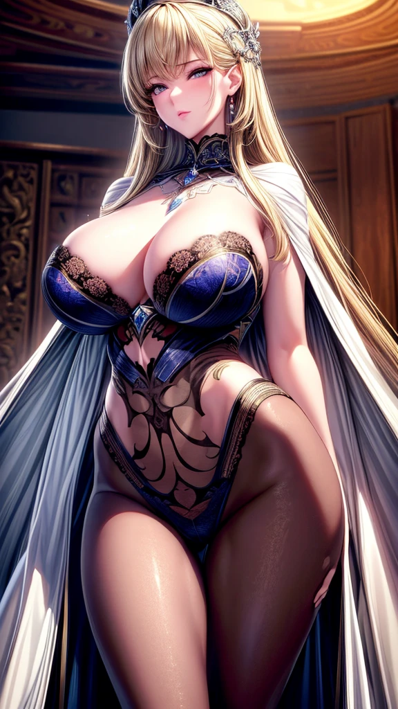 best quality, masterpiece, Big , (Large Breasts), Delicate skin texture, Detailed fabric texture, Delicate face, Super Detail, 8K, Intricate details, 1 Girl, 30 years old, High contrast, High resolution eyes, Blonde goddess,Royal sister,Sexy,Long legs。