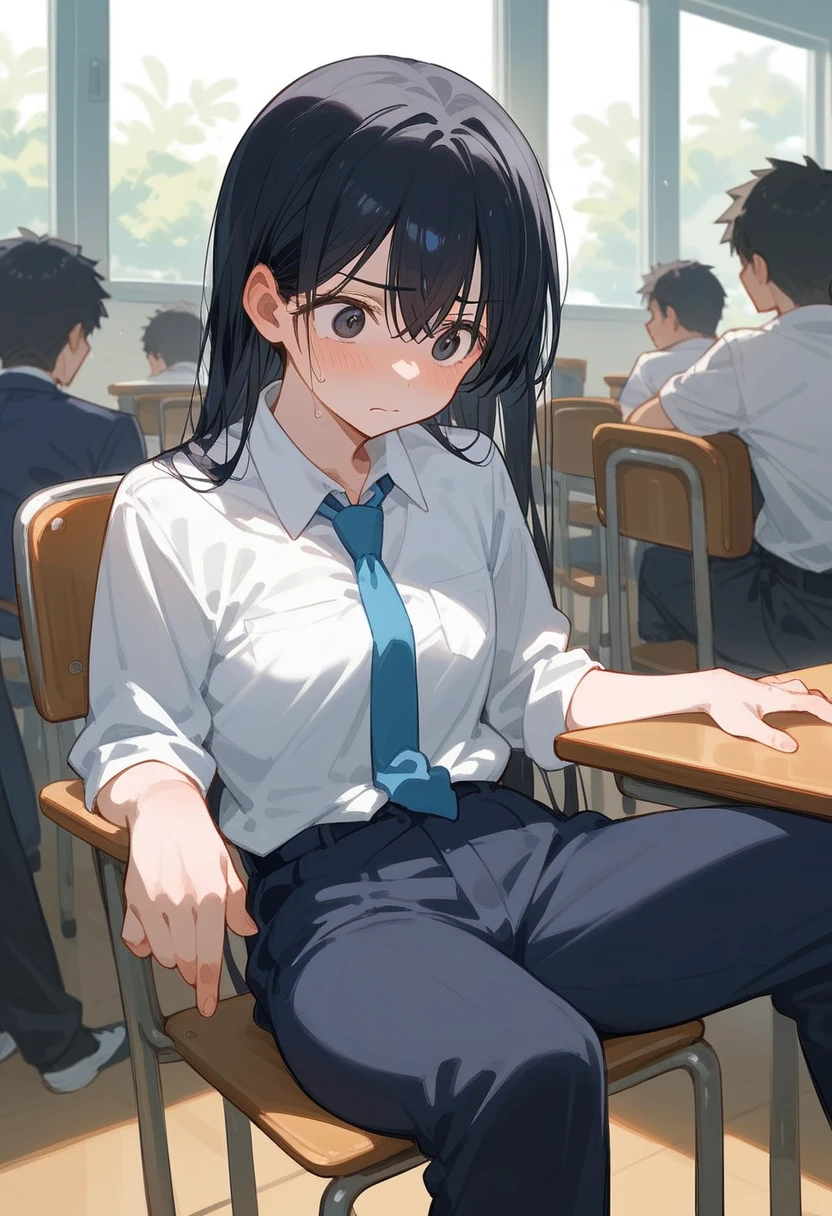 Hoshino Ichika,Project Sekai,project sekai,One girl,high school girl,Blue-black hair,black eye,beautiful girl,long hair,School,White shirt,Blue tie,Sitting in a chair,Watching the audience,Spread your legs,Show your pants,nsfw,feel ashamed