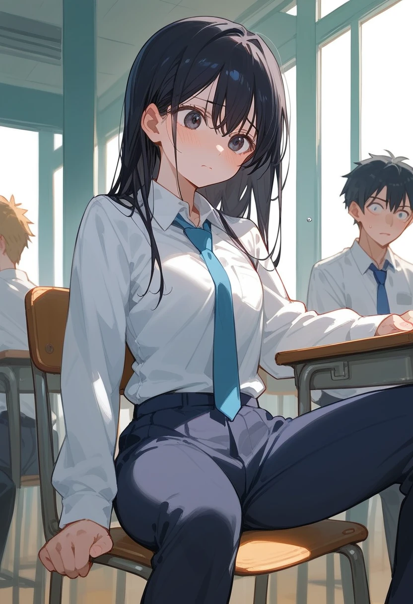 Hoshino Ichika,Project Sekai,project sekai,One girl,high school girl,Blue-black hair,black eye,beautiful girl,long hair,School,White shirt,Blue tie,Sitting in a chair,Watching the audience,Spread your legs,Show your pants,nsfw,feel ashamed