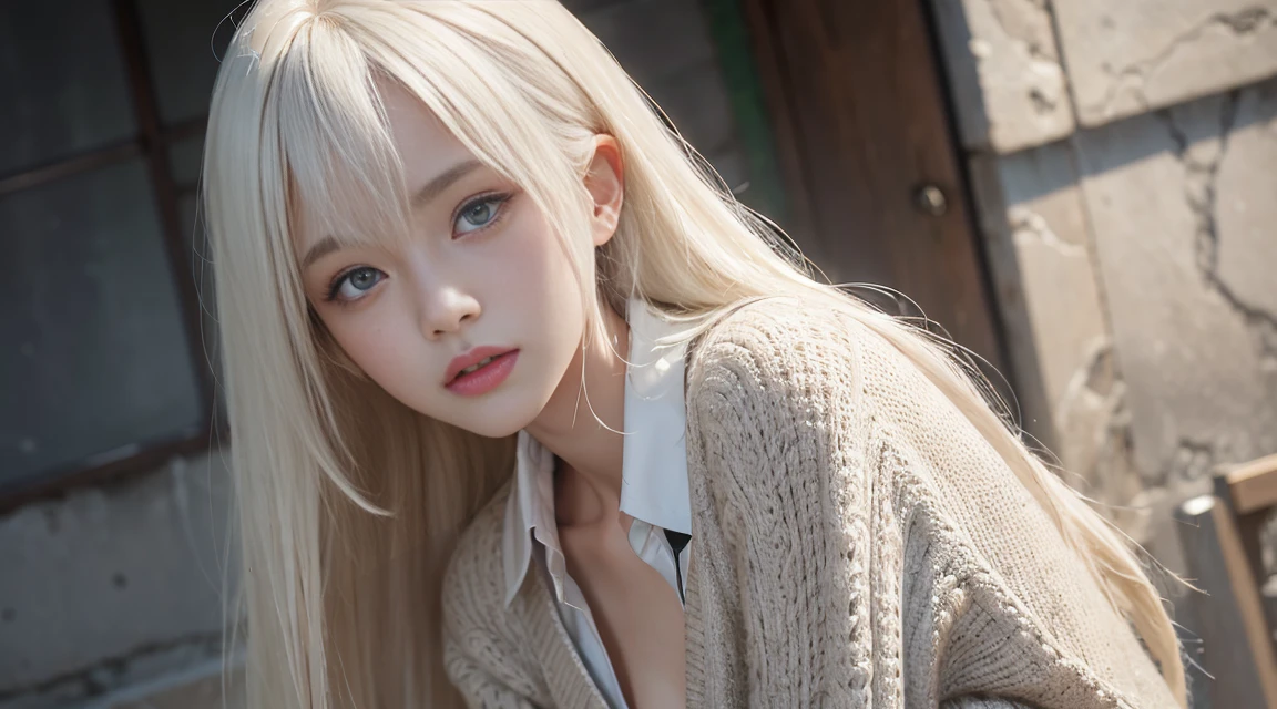 (Long Hair, bangs, Platinum Blonde Hair:1.2),(Wear a cardigan over a collared shirt:1.2),1 girl,Japanese,21 years old,(Small breasts:1.3),(Highest quality,masterpiece:1.3,超A high resolution,),(Ultra-detailed,Caustics),(Photorealistic:1.4,RAW shooting,)Ultra-Realistic Capture,Very detailed,High resolution 16K human skin close-up。 Natural skin texture、,Pores、、It needs to be detailed enough to be easily identifiable。 Skin should be even-toned and healthy looking。 Use natural light and colour, Sad expression, Looking at the camera, Perfect dynamic composition, Outdoor