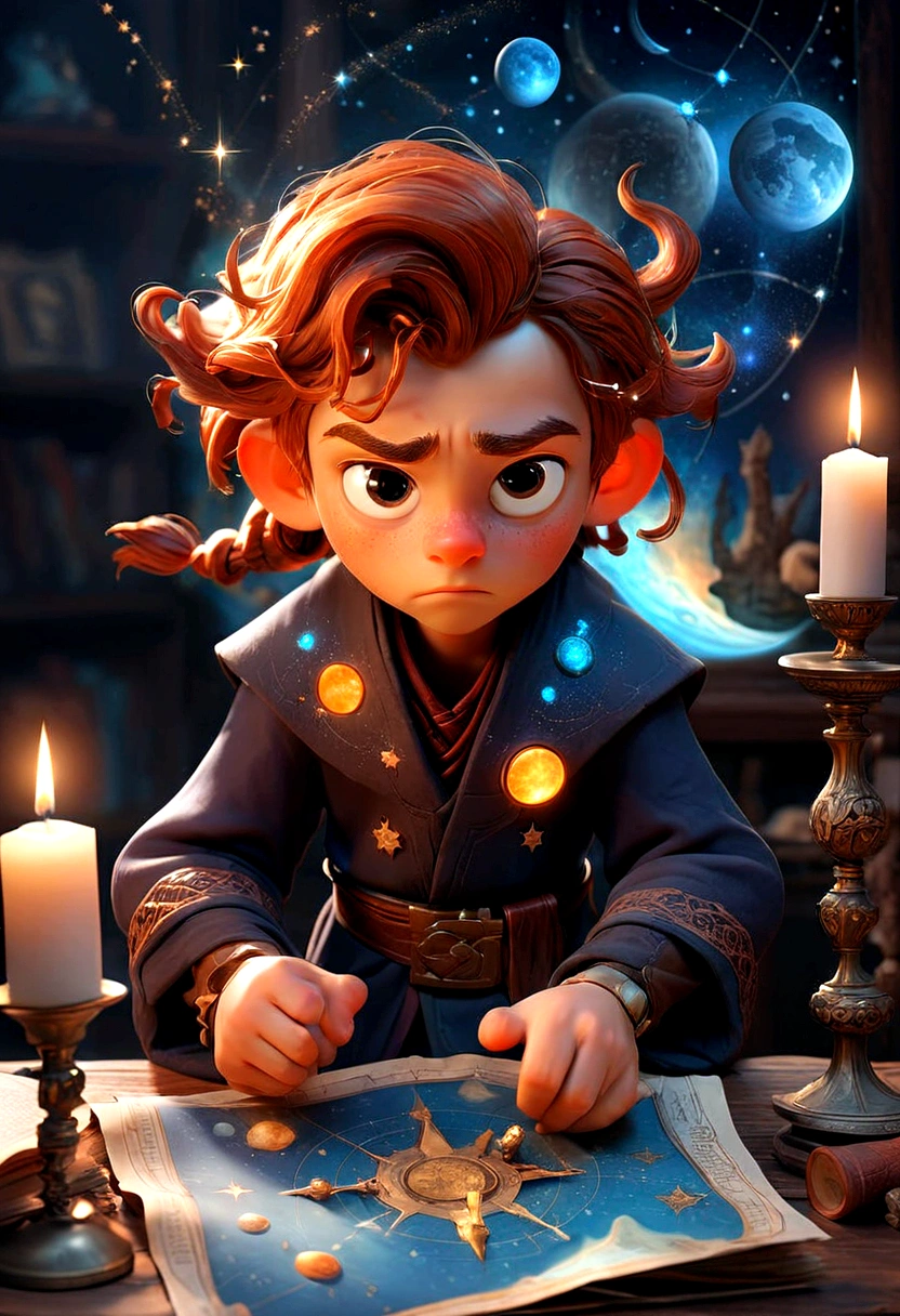 1boy, Astrologer, MAGIC: Ancient WIZARD reading a Map of the Constellations, telescope, candles, on a table, Epic cinematic brilliant stunning intricate meticulously detailed dramatic atmospheric maximalist digital matte painting, masterpiece, best quality, very aesthetic, absurdres