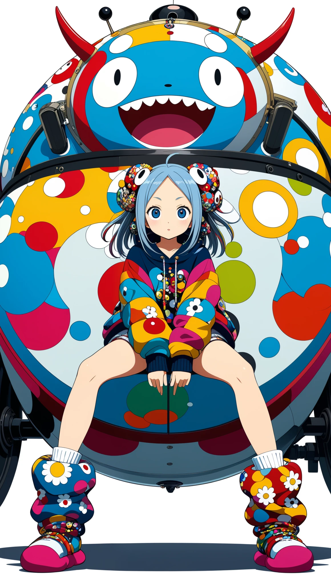 in style of Takashi Murakami, character concept design, legs，fullbdoy shot,(((oversize leg warmers))),wide angle, form below,oversize clothes,leaning forward,pointing at viewer，sit on the edge of the tank