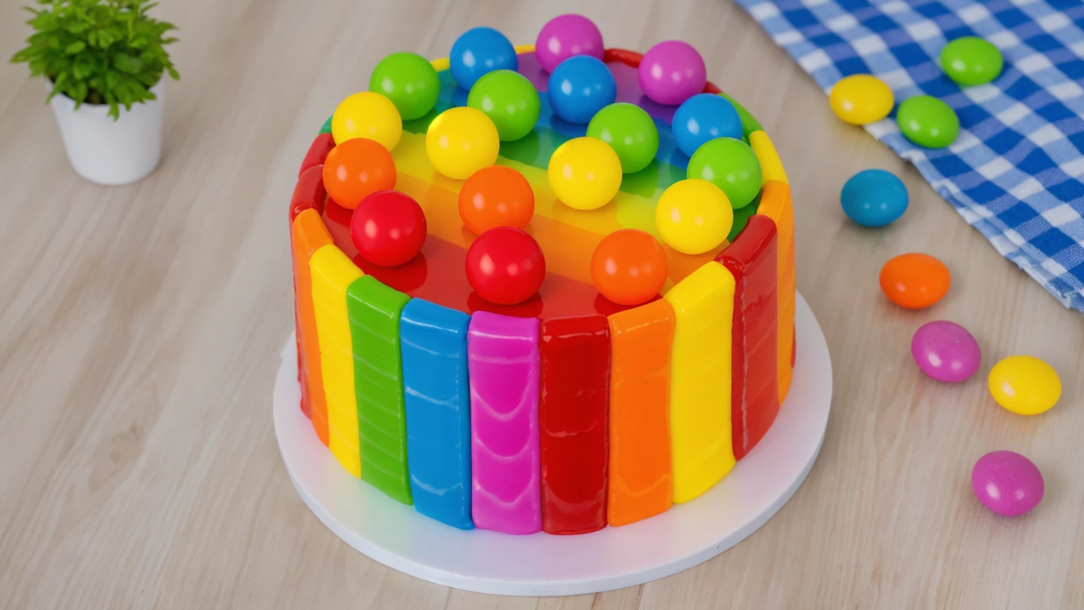 on a wooden table, cake on a white plate. rainbow chocolate bar cake, rainbow ganage on top, rainbow spheres made of polymer clay. there is a blue checkered tablecloth on the table. scattered rainbow jelly beans. there is a vase with a plant on a wooden table. Realistic style, realistic texture, detailed texture, bright lighting, Beautiful light from the window, high quality, A high resolution, macro photography, ultra hd 4k, Beautiful sunlight