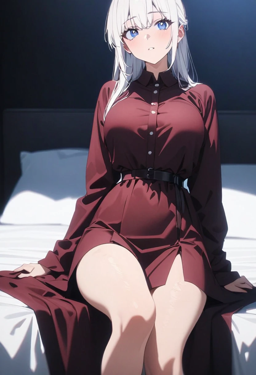 (high quality, 8K, 4K, High contrast, masterpiece:1.2, 最high quality, Best aesthetics), 1 female, (Real skin texture:1.3), (Film Grain:1.3), A girl, Beautiful and detailed eyes and face, 最high quality, Frontal shot:1.4,Sitting on the bed，Wearing a burgundy robe，Larger breasts