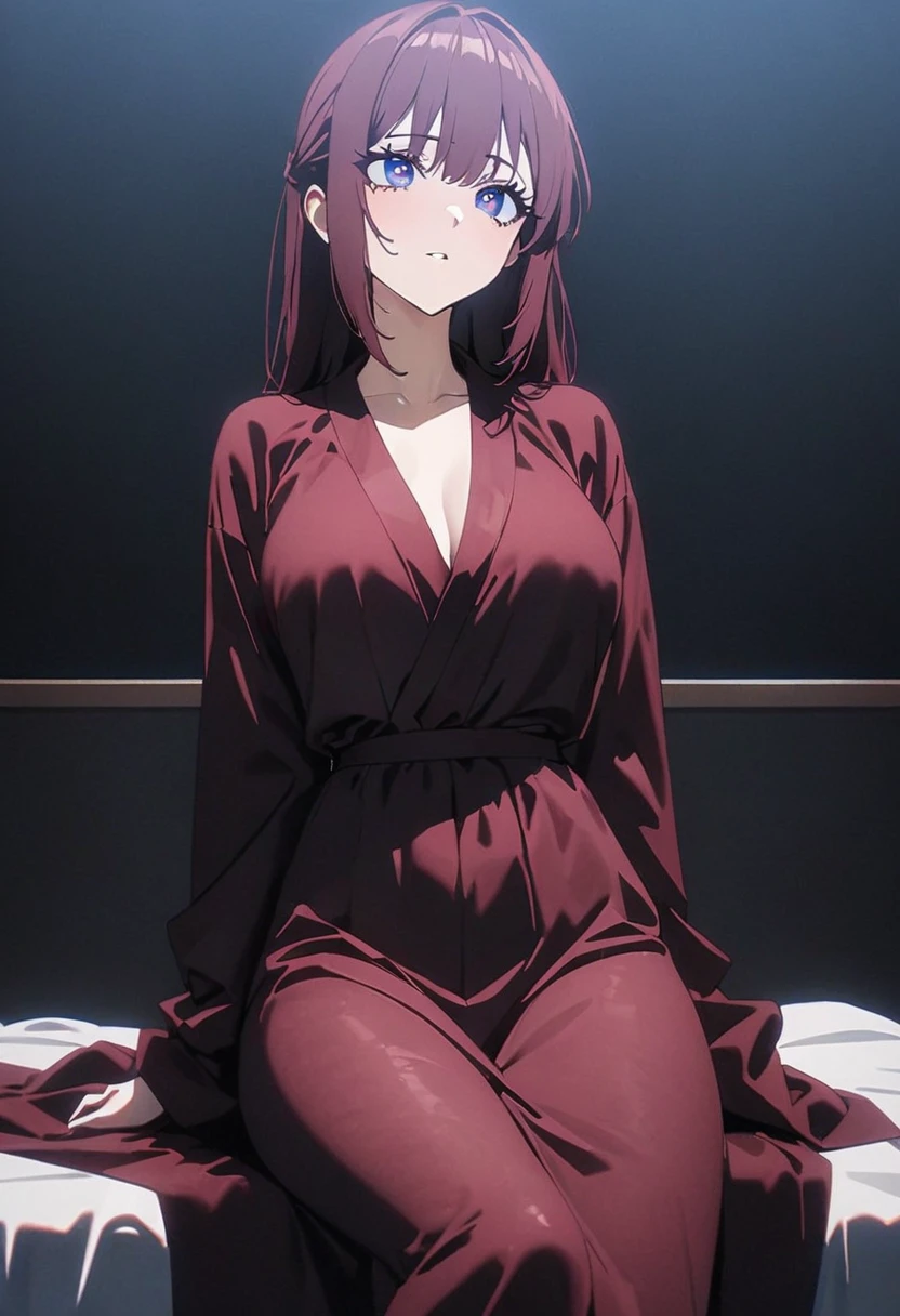 (high quality, 8K, 4K, High contrast, masterpiece:1.2, 最high quality, Best aesthetics), 1 female, (Real skin texture:1.3), (Film Grain:1.3), A girl, Beautiful and detailed eyes and face, 最high quality, Frontal shot:1.4,Sitting on the bed，Wearing a burgundy robe，Larger breasts