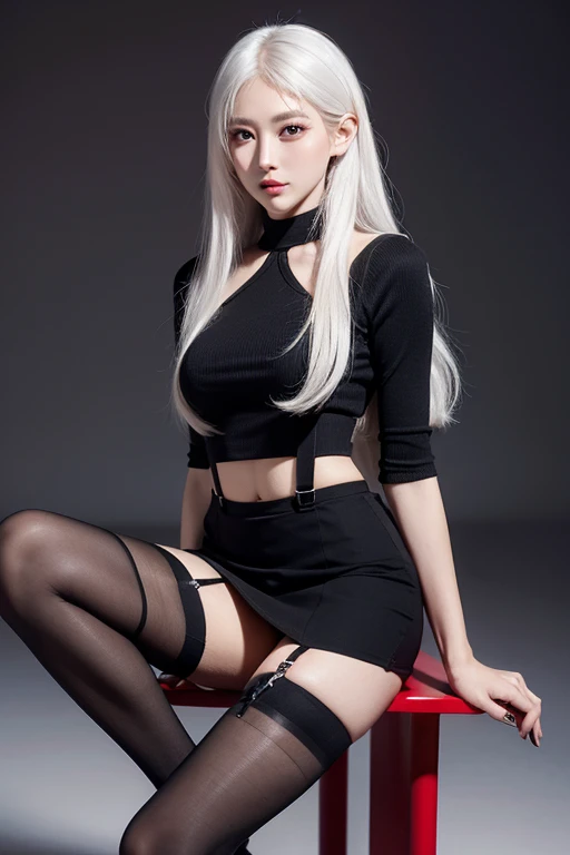 White long hair beauty, lacrimal mole, black ol tight uniform, hip wrap skirt, wide hips, thighs, black suspender stockings, leg loops, red soled heels, delicate perfect face, blush, ear piercing, teacher style, pose sexy