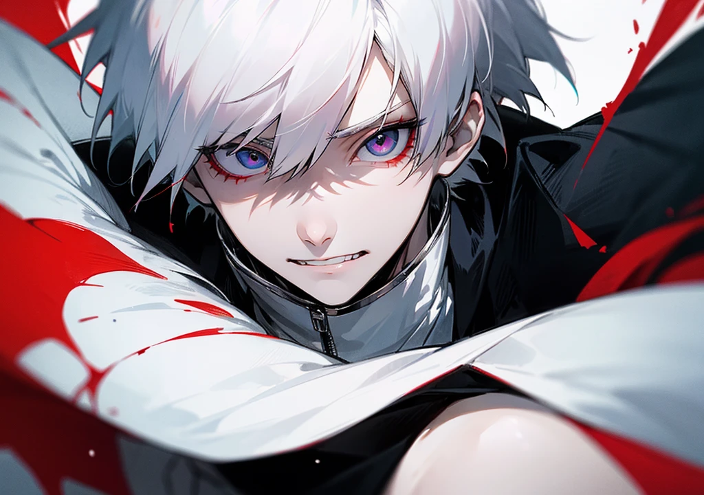 Estilo thumbnail, ken kaneki, with white hair, a patch on the right eye, and with kagunes on display
