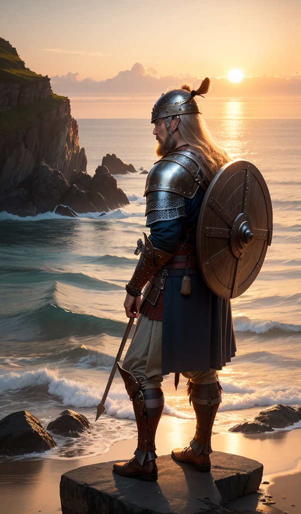 A Viking warrior standing on a rocky cliff overlooking the ocean, wearing traditional Viking armor, with a soft golden sunset in the background, capturing the essence of strength and serenity