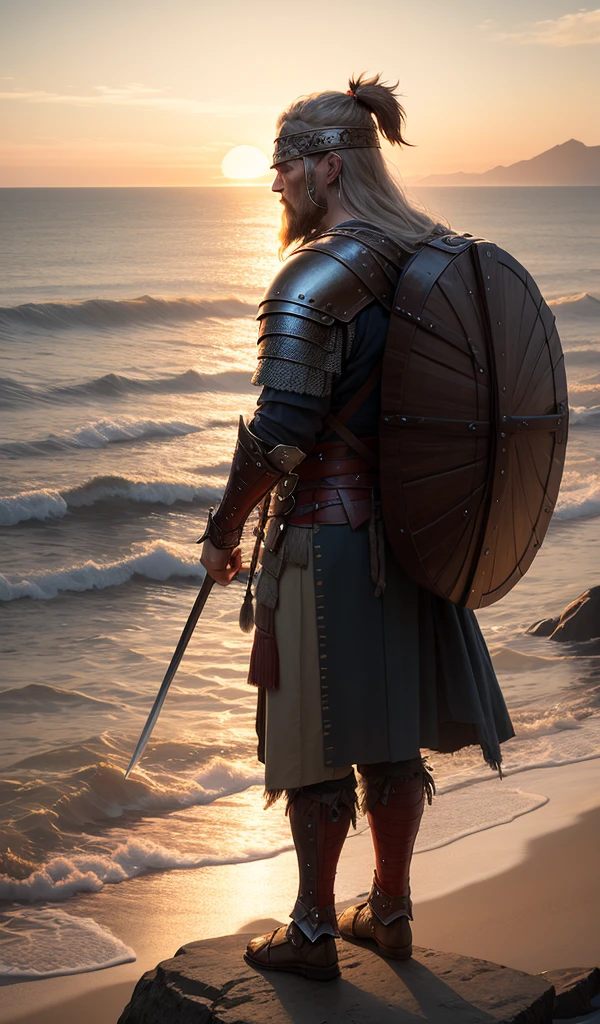 A Viking warrior standing on a rocky cliff overlooking the ocean, wearing traditional Viking armor, with a soft golden sunset in the background, capturing the essence of strength and serenity
