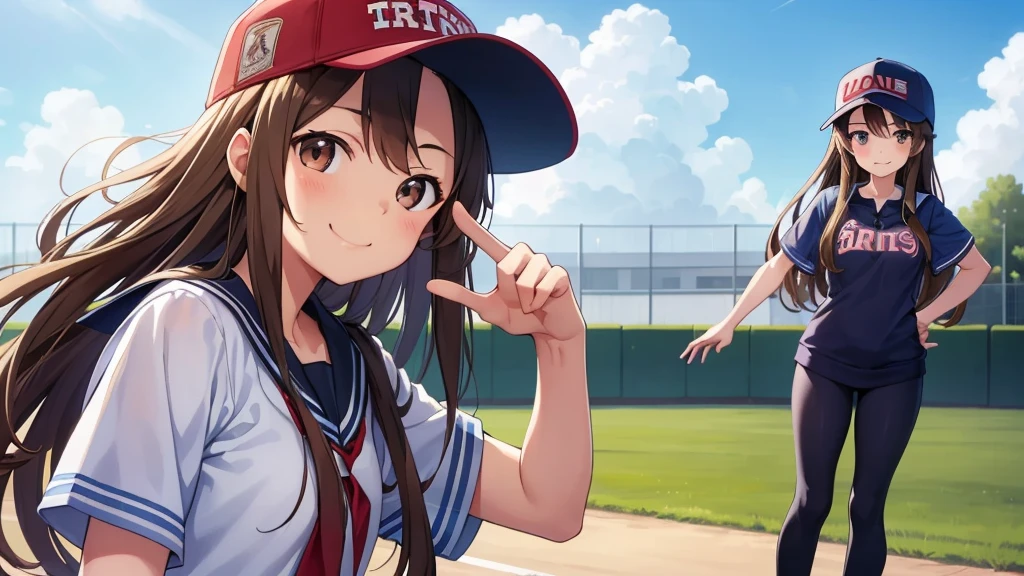 Masterpiece,high school,smile,Are standing,1 ,Long Hair,Brown Hair,wink eyes,Cheer dance ,cute,White skin,buzzer,blue sky,One girl,Face Focus,Soft Light,Brown eyes,