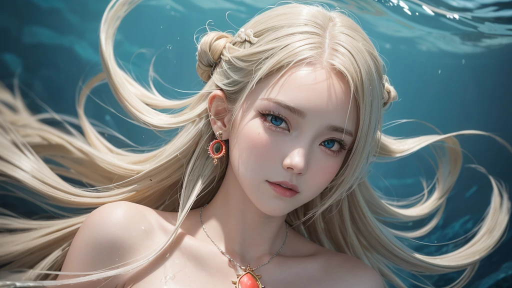 （Highest Quality Realistic Textured Skin),(terrible),(OK, round, Symmetrical eyes),Delicate facial features,(Burning bright cold eyes),(She has a mischievous smile),(Her face is kind and beautiful),Glass earrings in the ears,,(blonde),(Silvery white hair),(Chestnut Hair),(Swim at the bottom of the ocean)，(Full body portrait:1.5),(Dramatic Photos:1.4),(Dramatic Pose),(Flashy photos)(look up),(Looking down),(Around her neck is a simple necklace made with exquisite craftsmanship.),Cluttered photos，(Hair flowing in water:1.5),(Underwater, Life at sea, 美しいCoral Reef, fish),(Background vortices and currents),(Dramatic Light),(Nice views),(美しいfishに囲まれて),遠くの背景にはCoral Reefに沈んだ寺院が見える,Coral Reef,Spectacular realism,Cinematic atmosphere,(High-density image review:1.5),(Soft colors:1.2),Very detailed,Dramatic Light,(Intricate details:1.1),Complex background,