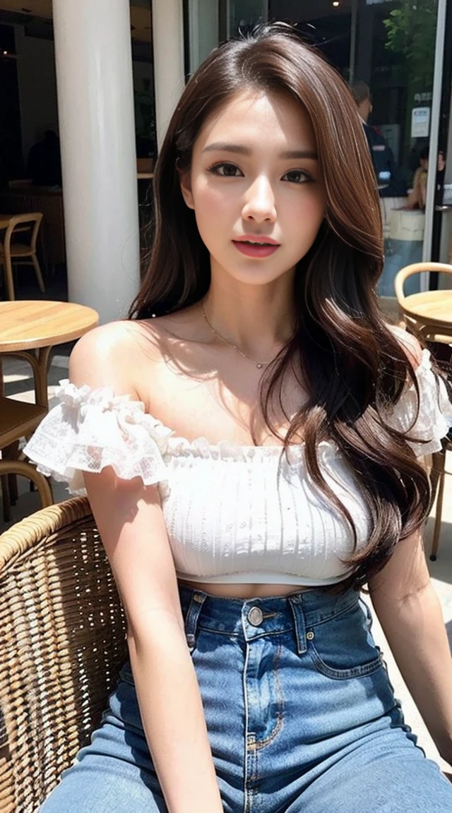 Dark brown hair、Light brown eyes、Japanese actress、 Lady、I am about 40 years old...........、(Intricate details:1.2)、 (Ultra-high resolution:1.2)、Ultra-high resolution、(Finely tuned)、(Detailed facial features)、Hmph、8K resolution、D cup size breasts、Long Hair、white　TulleTop、FrillsTop、Tulle　Frills　Top、Denim pants、At the terrace cafe、Basking in the sunshine、Sitting on a chair on the terrace、summer、hot、Trending Fashion、2024、Open your chin a little、Open your mouth a little、A street cafe in Paris、Fashionable cafes in Paris、Holding back my hair blowing in the wind、Windblown Hair、