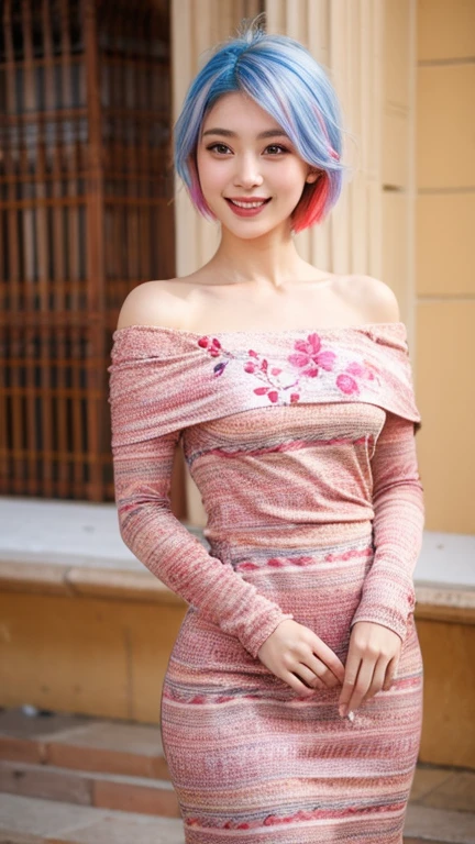 (best quality, masterpiece), 1girl, off shoulder,(soft colored hair:1.3), multicolored hair, girl's lovely room, 15 year old, smile, beaming face, extremely high resolution, photorealistic, RAW photography, depth of field, amazingly high detailed eyes and face, silky smooth skin, ((mmTD burmese patterned traditional dress)), red ruby colored dress, floral printed dress