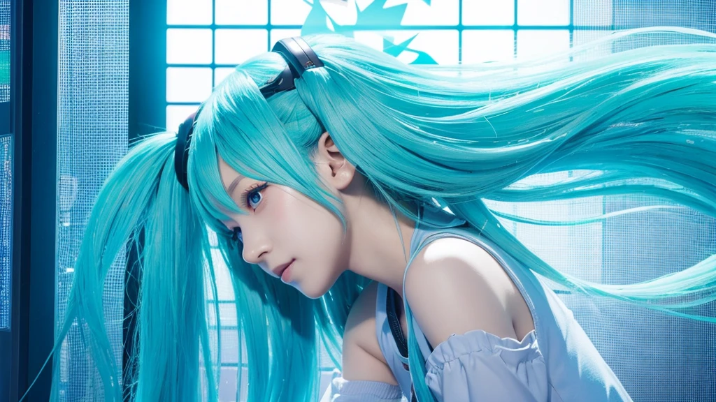Hatsune Miku avatar hides her sadness in the virtual reality world、The image is drawn through a transparent screen with a pixelated background.。