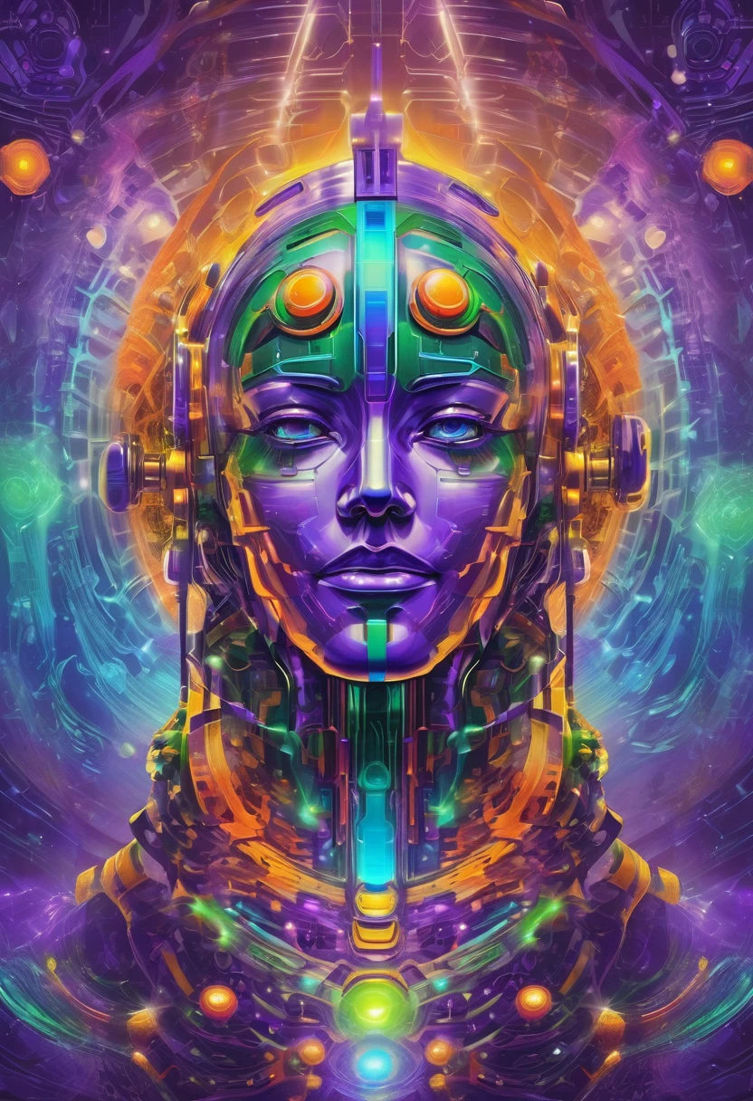 mystical robotic face seen from the front, futuristic and geometric technology backdrop, spirit, dmr, md, mdma, intergalactic thc, other planets and mirrored effects, colors, purple, green, blue and orange
