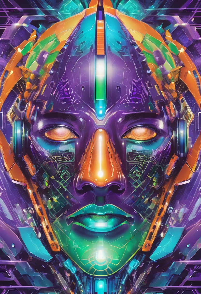 mystical robotic face seen from the front, futuristic and geometric technology backdrop, spirit, dmr, md, mdma, intergalactic thc, other planets and mirrored effects, colors, purple, green, blue and orange